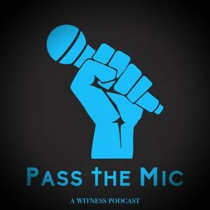 blue graphic of hand holding mic on a black background with the text "pass the mic"